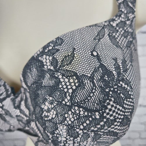 Cacique Black Blush Lace Print Lightly Lined Underwire Balconette Bra 42DD