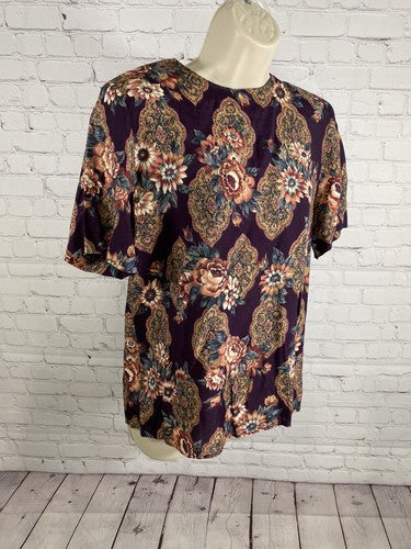 VTG Norton McNaughton Purple Floral Shoulder Pad Short Sleeve Blouse Women’s 8