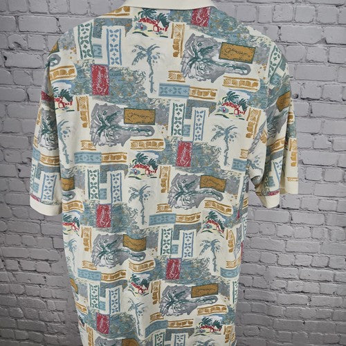 VTG Island Fever Cream Tropical Bahama Print Cotton Short Sleeve Polo Shirt L