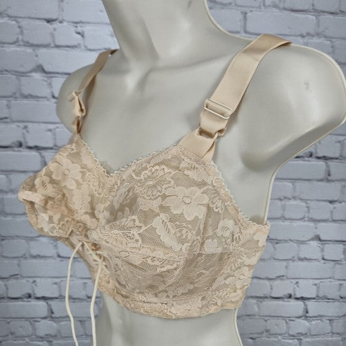 VTG May Marie Beige Floral Lace Lace-Up Front Longline Unlined Bra 30DDD+