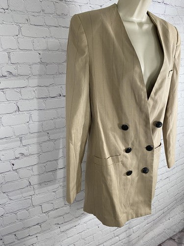 Le Suit Beige Black Vertical Striped Double Breasted Coat Jacket Blazer 12