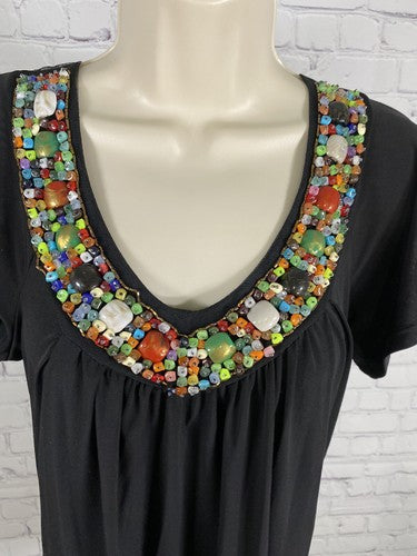Carrie Allen Black Chunky Beaded Neckline Pleated Short Sleeve Blouse Womens L