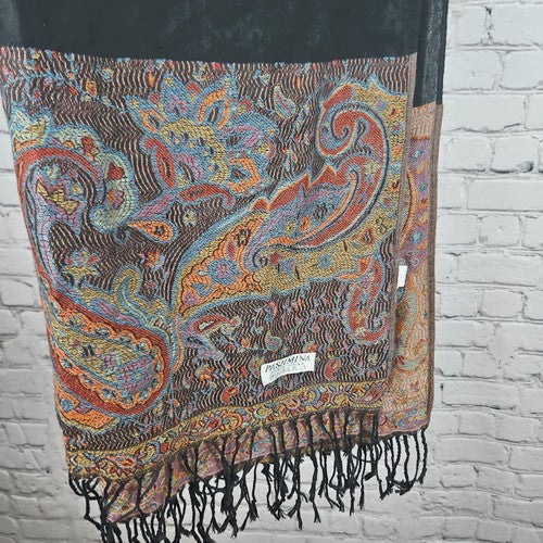 Pashmina Black Multicolor Paisley Jacquard Fringe Pashmina Wrap Scarf One Size