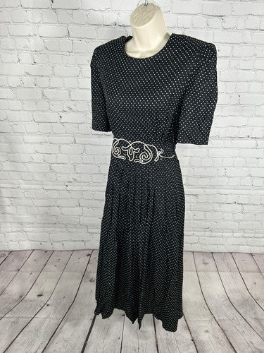 VTG S.L. Fashions Black White Polka Dot Shoulder Pad Fabric Embellished Dress 10