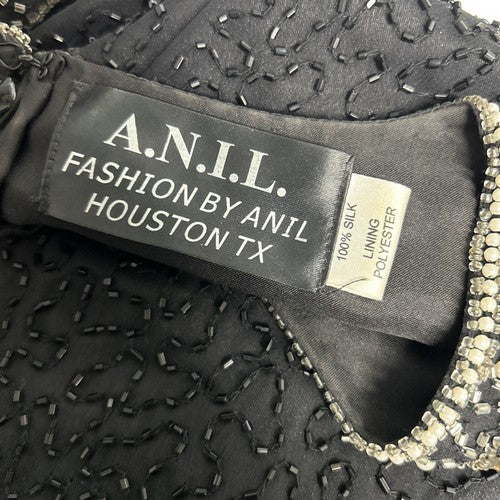 Fashion By Anil 100% Silk Black White Silver Beaded Sequined Blouse L