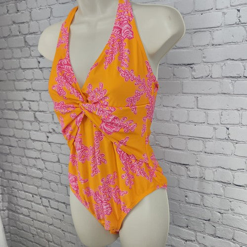 Ellen Tracy Orange Pink Coral Print Twist Front Halter One Piece Swimsuit 10