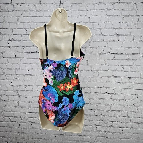 Into the Bleu Black Tropical Floral Ruffle One Piece Swimsuit Bathing Suit 10