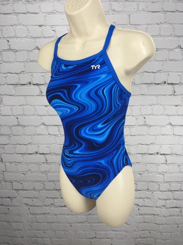 TYR Blue Swirl Print Cross Back One Piece Swimsuit Bathing Suit Size 32 M
