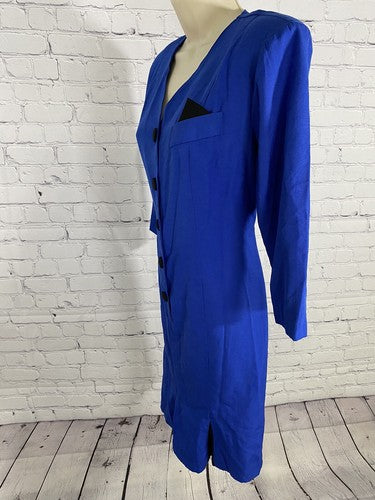 VTG Champagne West 1960s Blue Button Up Shoulder Pad Pleated Shift Dress 8P