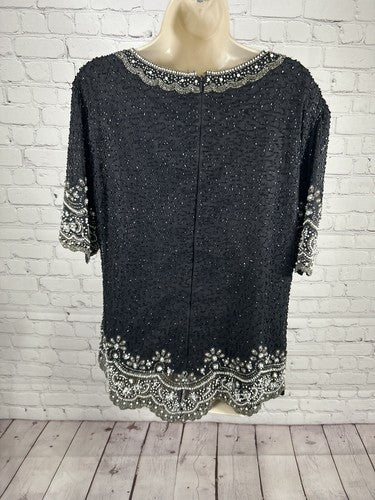 Fashion By Anil 100% Silk Black White Silver Beaded Sequined Blouse L