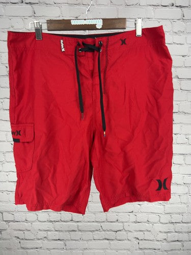 Hurley Red Black Logo Cargo Pocket Board Shorts Swim Trunks 34