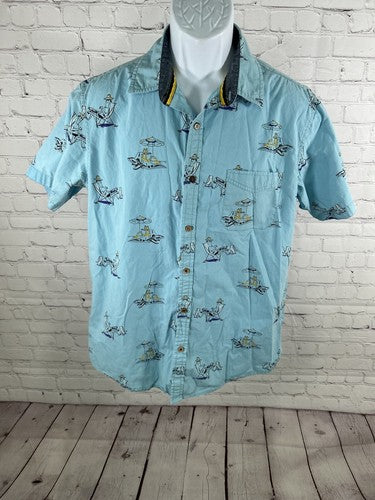 Ditch Plains Ricky Singh Blue Beach Themed Button Down Short Sleeve Shirt L