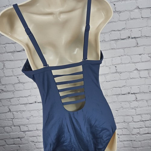 Seafolly Navy Ruched V Neck Strappy Back One Piece Swimsuit Bathing Suit 12DD