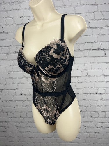 Auden Black Nude Floral Lace Underwire Push Up Thong Bodysuit Teddy M