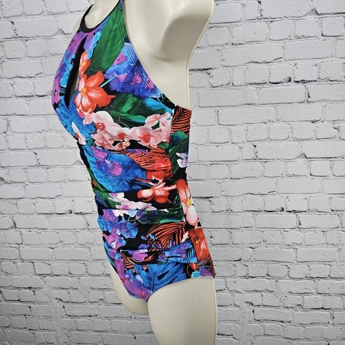 Into the Bleu Black Tropical Floral Ruffle One Piece Swimsuit Bathing Suit 10