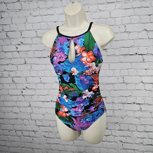 Into the Bleu Black Tropical Floral Ruffle One Piece Swimsuit Bathing Suit 10