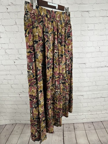 VTG JH Collectibles Floral Yellow Purple Pleated Back Zip Button Maxi Skirt 14