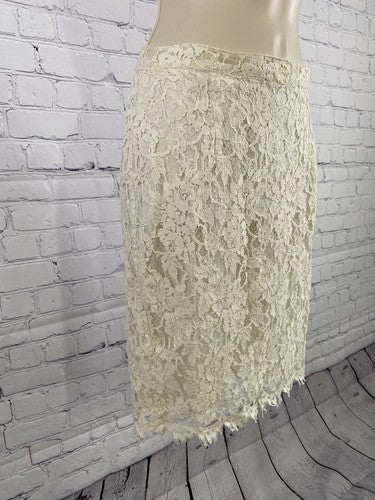 VTG Pastille Ivory Lace Cotton Blend Short Straight Pencil Skirt USA Size 8