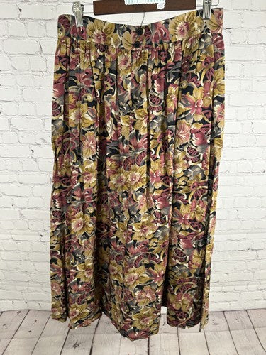 VTG JH Collectibles Floral Yellow Purple Pleated Back Zip Button Maxi Skirt 14