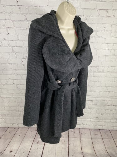 Ci Sono Charcoal Grey Wool Blend Rhinestone Button Waist Tie Jacket Coat Women S