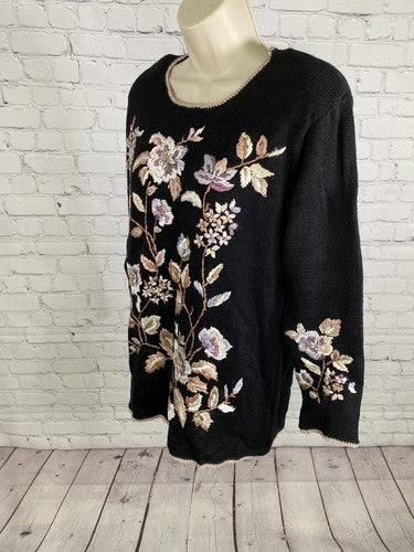 VTG Worthington Black Floral Beaded Embroidered Shoulder Pad Pullover Sweater M