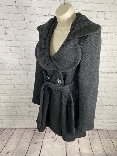 Ci Sono Charcoal Grey Wool Blend Rhinestone Button Waist Tie Jacket Coat Women S