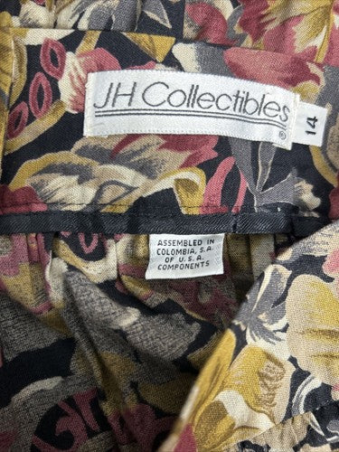 VTG JH Collectibles Floral Yellow Purple Pleated Back Zip Button Maxi Skirt 14
