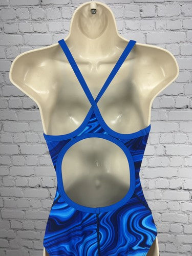 TYR Blue Swirl Print Cross Back One Piece Swimsuit Bathing Suit Size 32 M