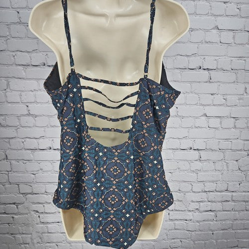 DownEast Swim Navy Floral Ruched Strappy Back One Piece Swimsuit Size XXL