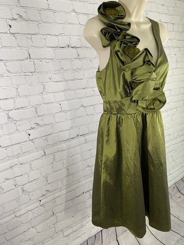 Fab’rik Shiny Green V Neck Ruffle Flower Sleeveles A Line Dress M Medium