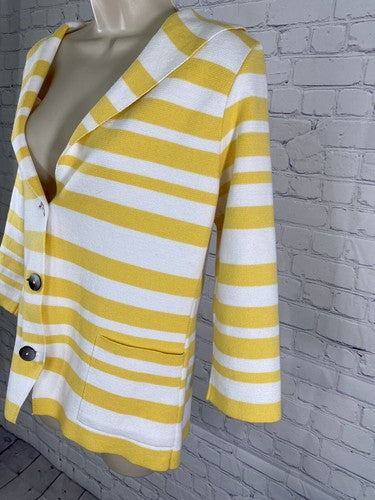 Optimum NZ White Yellow Striped 3/4 Sleeve Cape Collared 3 Button Knit Sweater S
