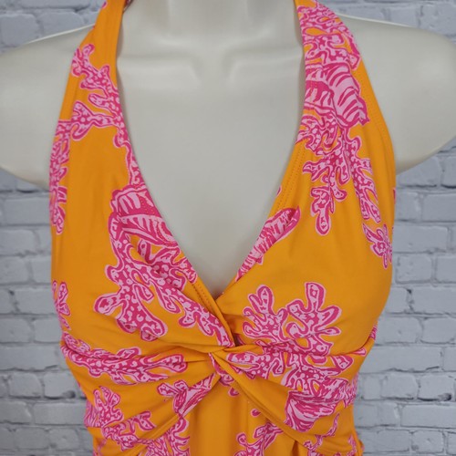 Ellen Tracy Orange Pink Coral Print Twist Front Halter One Piece Swimsuit 10
