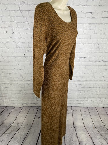 Cynthia Brown Swirly Long Sleeve Belted Side Slit Pullover Shoulder Pad Dress L