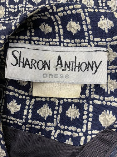 VTG Sharon Anthony Navy Blue White Long Sleeve Layered Shoulder Pad Dress Size 6