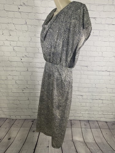 VTG Patra Black White Zebra Print Glittery Shoulder Pad Midi Length Dress 4