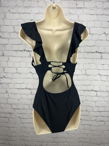 Cupshe Black Ruffle Plunge V Neck Lace Up Back One Piece Swimsuit S