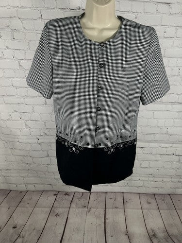 VTG Willow Ridge Black White Check Button Up Embroidered Shoulder Pad Blouse 12