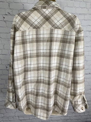 NWT THATSSOFETCH Beige Brown Plaid Denver Flannel Button Up Long Sleeve Shirt 6