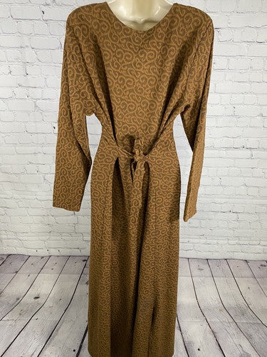 Cynthia Brown Swirly Long Sleeve Belted Side Slit Pullover Shoulder Pad Dress L