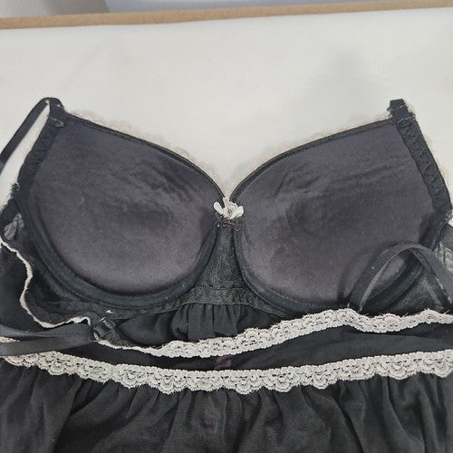 Nature Intimates Black White Lace Trim Tiered Mesh Underwire Babydoll 36B
