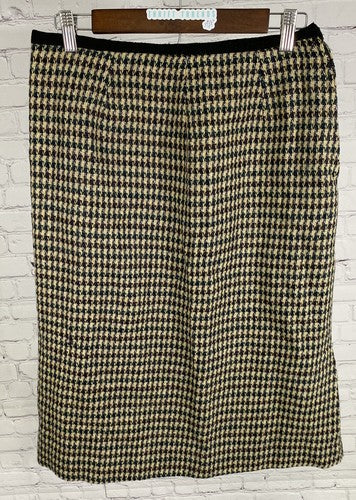 VTG Liz Claiborne Tan Houndstooth Side Zip Midi Length Straight Pencil Skirt 14