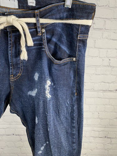 LAKENZIE Dark Wash Distressed Born Sinner Embroidered Denim Zipper Ankle Jeans L