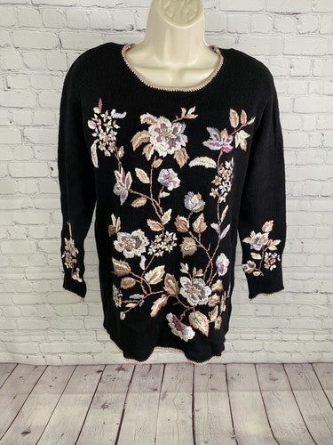 VTG Worthington Black Floral Beaded Embroidered Shoulder Pad Pullover Sweater M