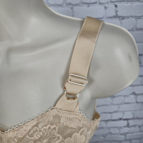 VTG May Marie Beige Floral Lace Lace-Up Front Longline Unlined Bra 30DDD+