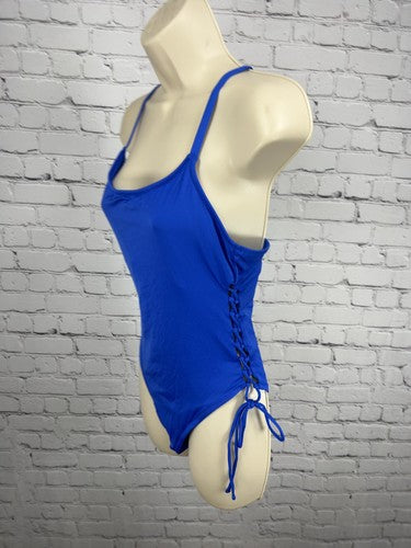 Shade & Shore Blue Ruched Side Tie Strappy Back One Piece Swimsuit Size L