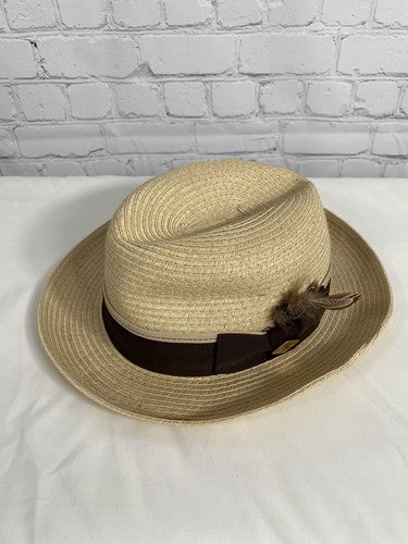 The Original Stacy Adams Beige Brown Band Feather Accent Woven Fedora One Size