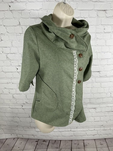 Little Houses Green Wool Button Up Lace Accent Knit Mock Neck Top Women’s M