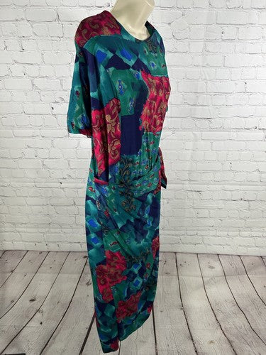 VTG Jessica Howard Colorful Shoulder Pad Front Wrap Back Zip Long Dress 22