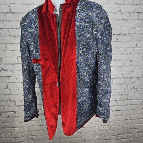 Thwei Red Velvet Faux Leather Trim 1 Button Notch Lapel Blazer Sport Coat M