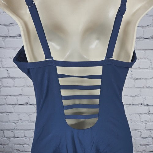 Seafolly Navy Ruched V Neck Strappy Back One Piece Swimsuit Bathing Suit 12DD